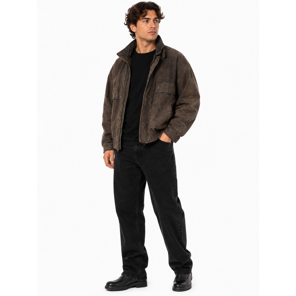 Basic Editions‎ Bomber Jacket Mens Large Brown Distressed Leather Vintage Grunge